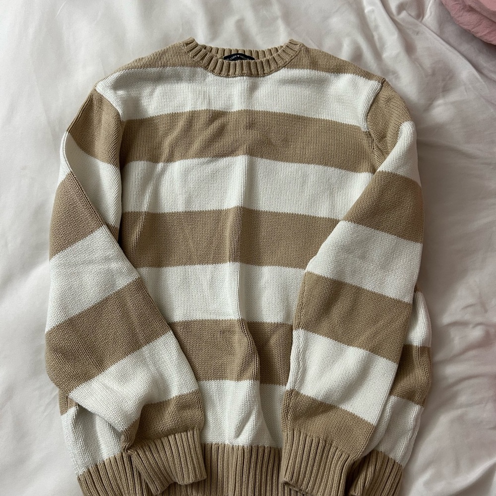 Brandy Melville Tan and White Striped Crewneck Sweater